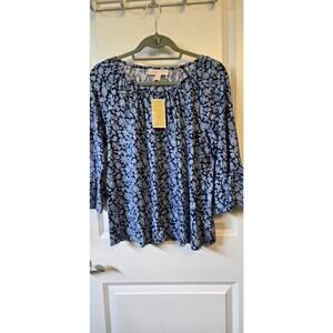 NWT Michael Kors Top Womens Med Blue Paisley Flowy Peasant Cottagecore Boho Edge